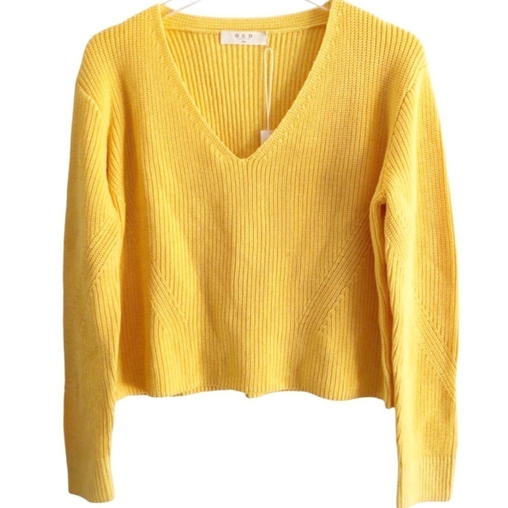 One Grey Day Sweater Rib Knit V-neck Canary Marigold Yellow Size XS